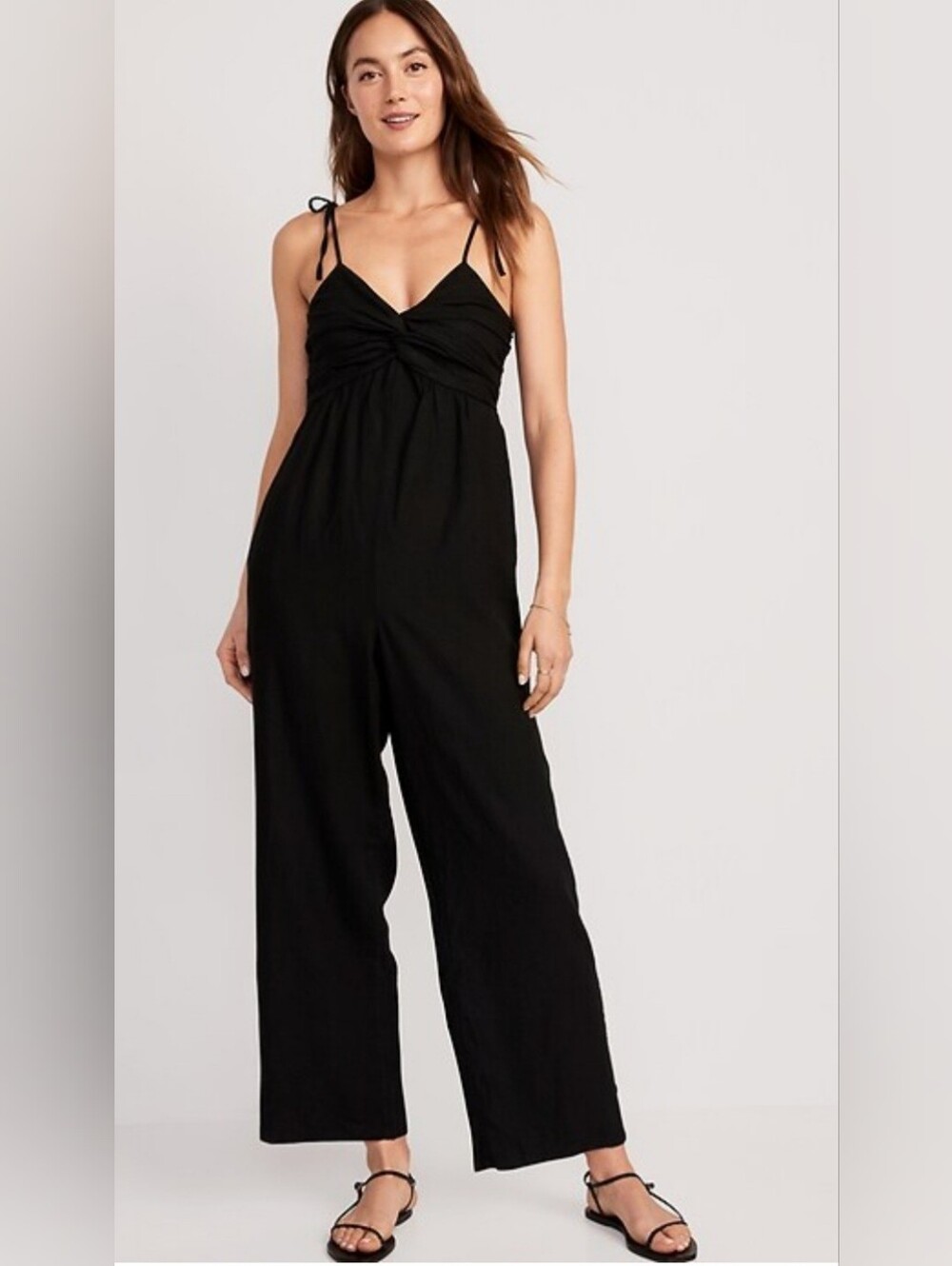 Tie-Shoulder Cropped Twist-Front Smocked Jumpsuit for Women SIZE XS BLACK NWT